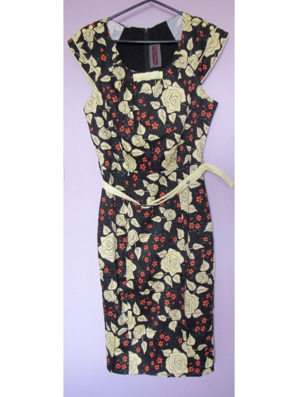Voodoo Vixen Sz S Yellow/Black Retro Dress, Floral, Cotton